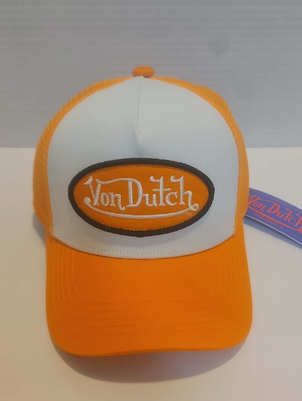 Von Dutch Orange and White Logo Trucker Hat